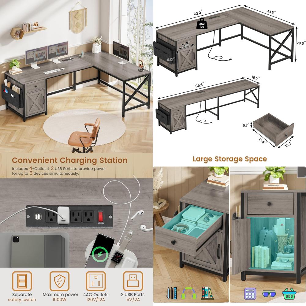 Desk Setup For Office - Farmhouse Style 63-inch L-Shaped Desk with